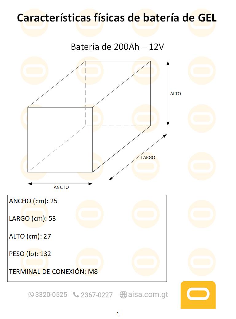 Dimensiones fisicas de Batería de Gel 180Ah 6V