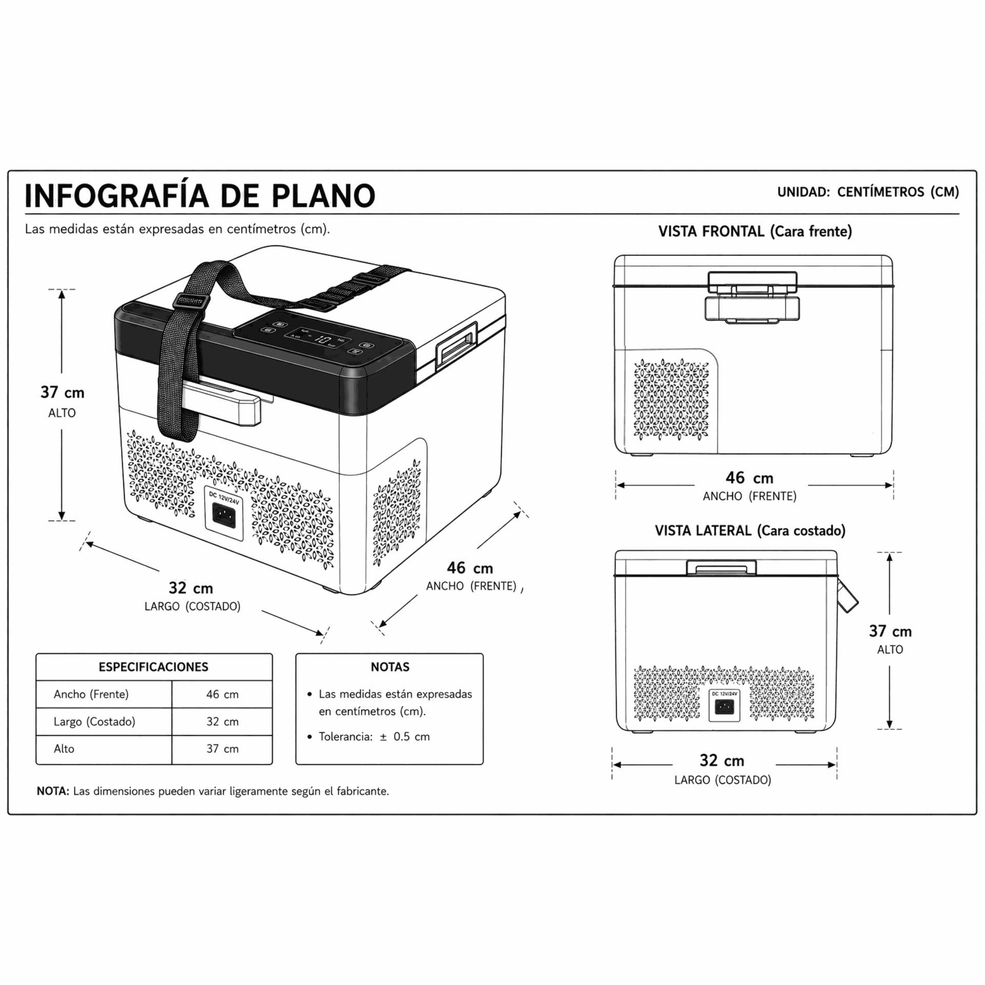 Dimensiones fisicas de Hielera portátil - KDF10