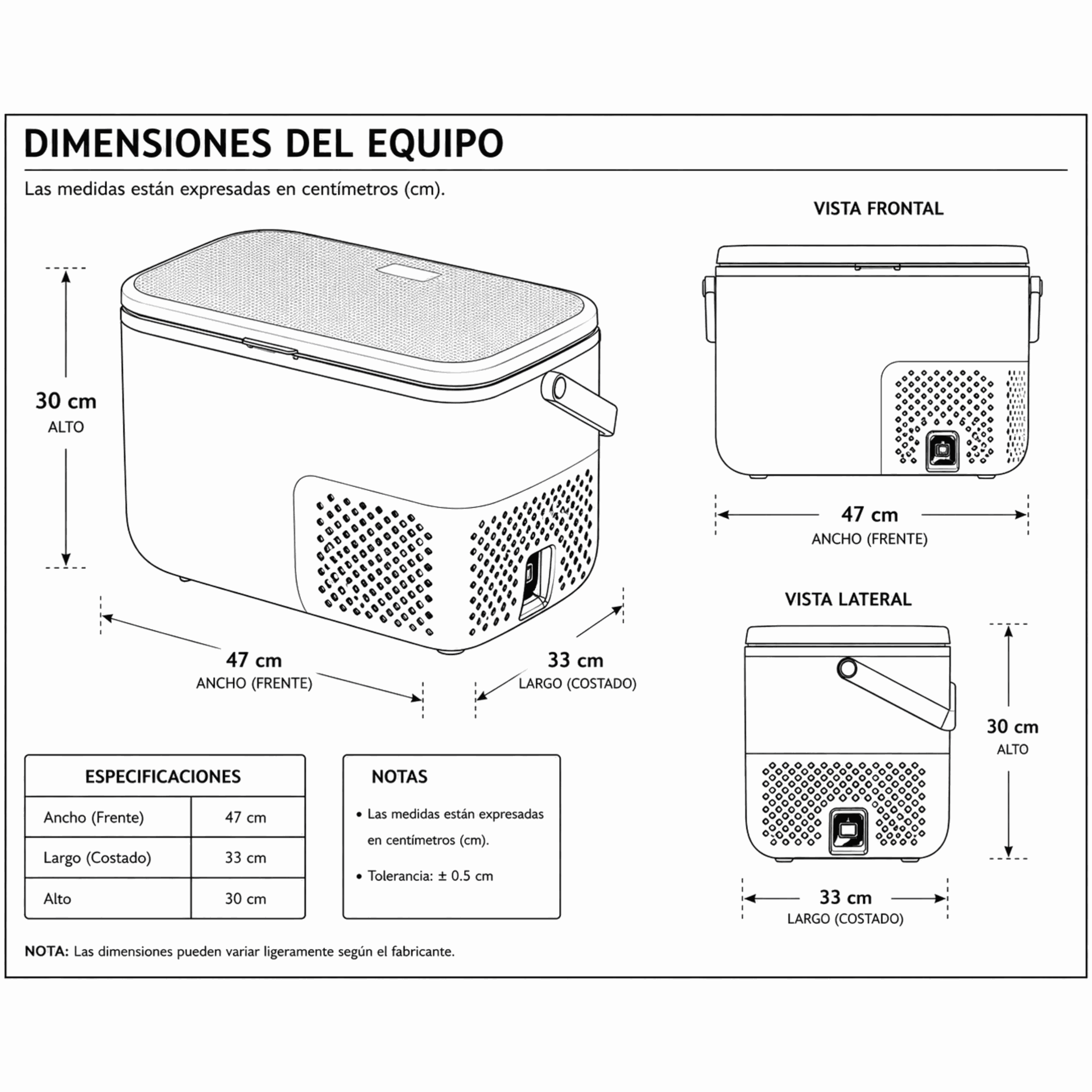 Dimensiones fisicas de Hielera portátil - KDF16