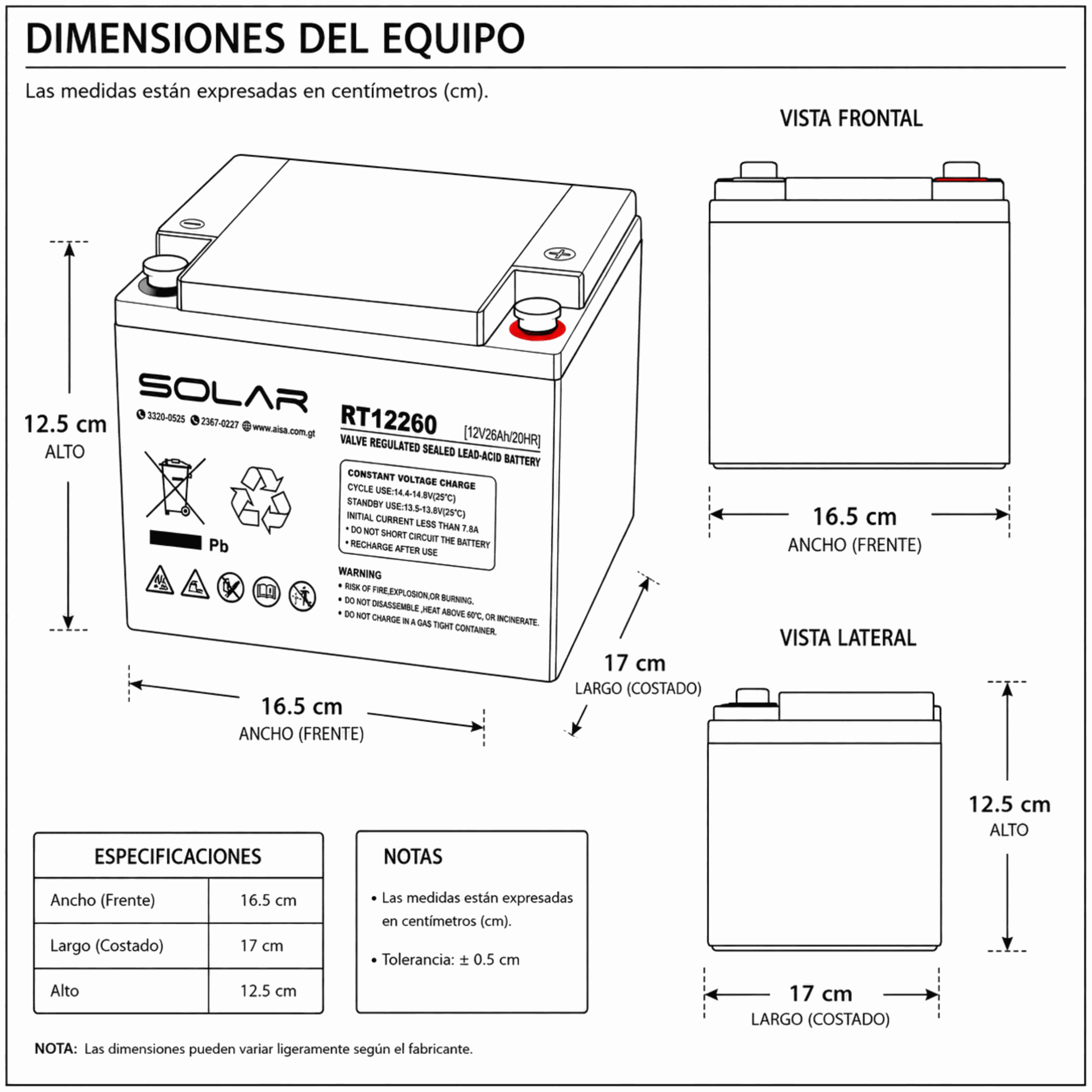 Dimensiones fisicas de Batería de Gel 60Ah / 12V
