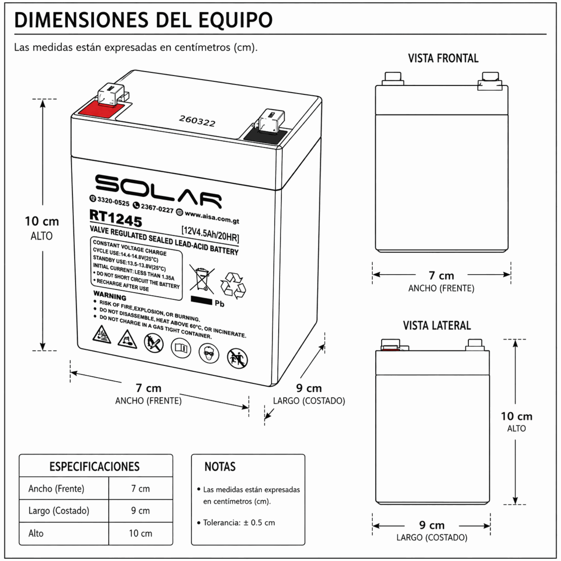 Dimensiones fisicas de Batería de Gel 4.5Ah / 12V