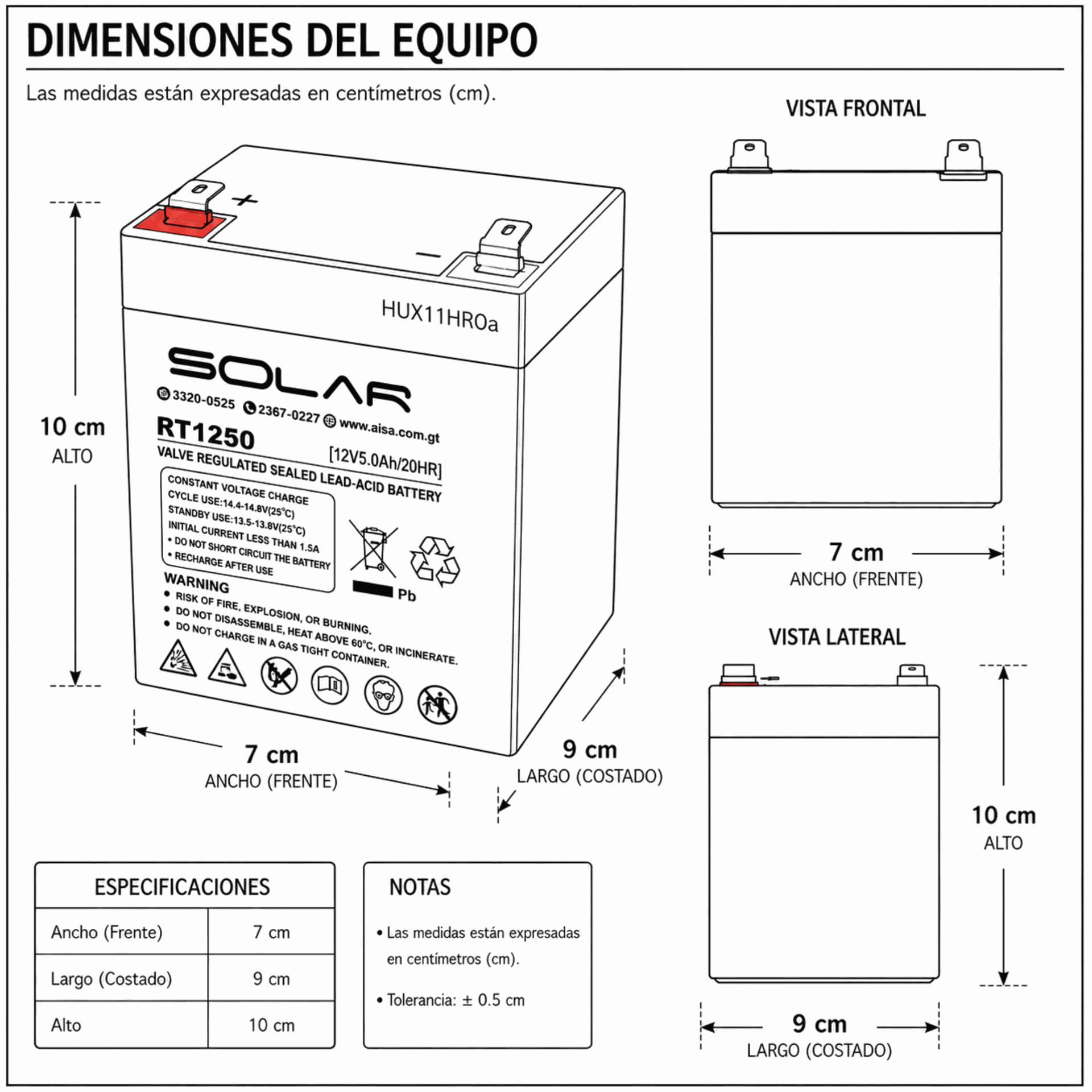 Dimensiones fisicas de Batería de Gel 5Ah / 12V