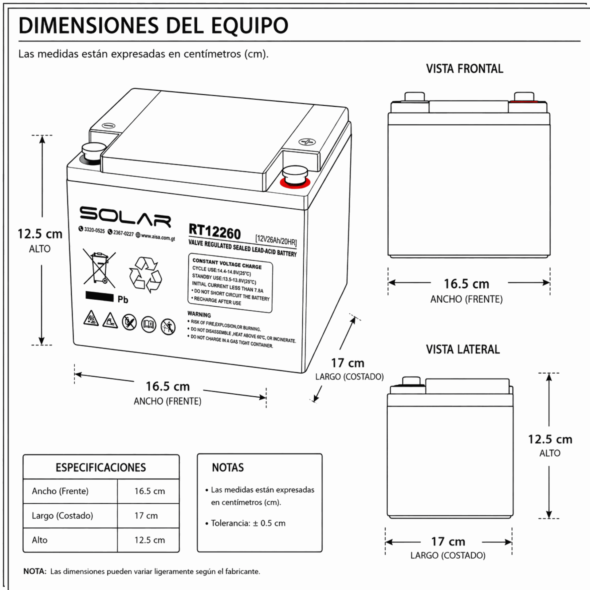 Dimensiones fisicas de Batería de Gel 26Ah / 12V