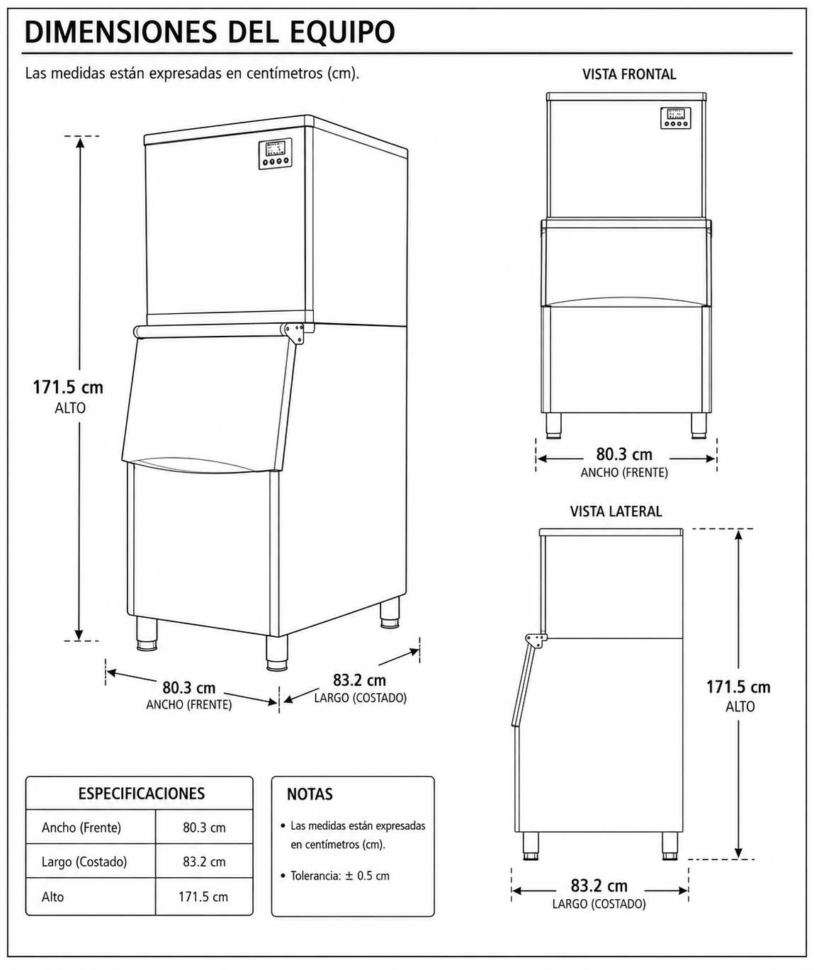 Dimensiones fisicas de Máquina de hacer hielo Comercial - MC700P - (278 a 556 Lbs/24 hrs)