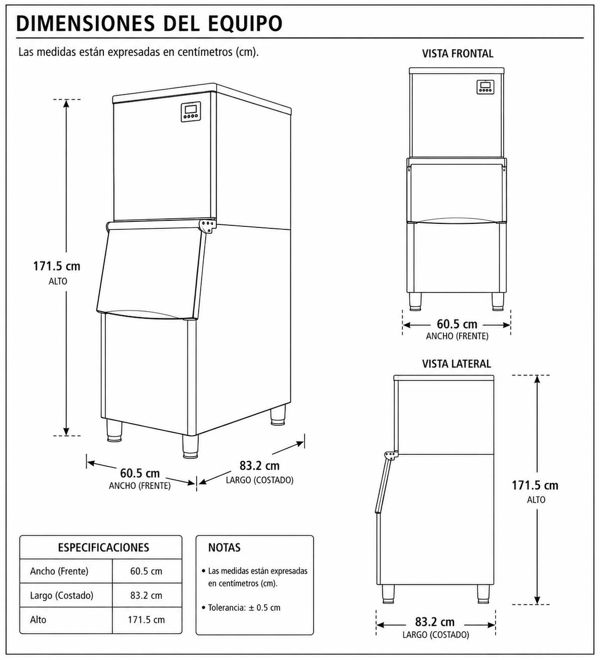 Dimensiones fisicas de Máquina de hacer hielo Comercial - MC400P - (168 a 335 Lbs/24 hrs)