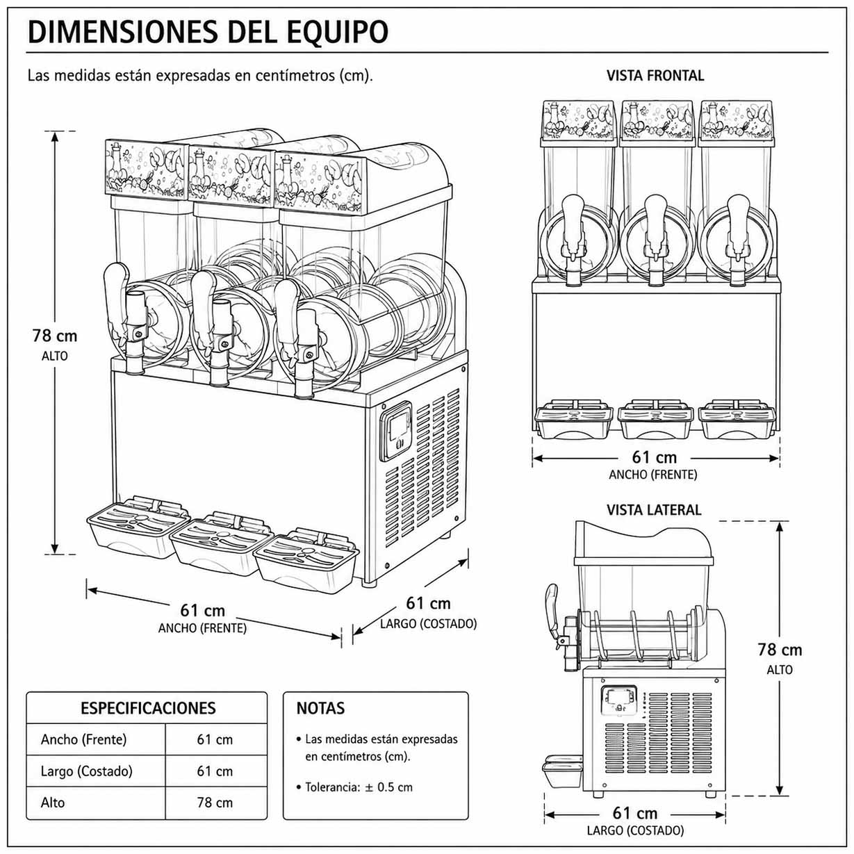 Dimensiones fisicas de Máquina de granizadas 3 tanques