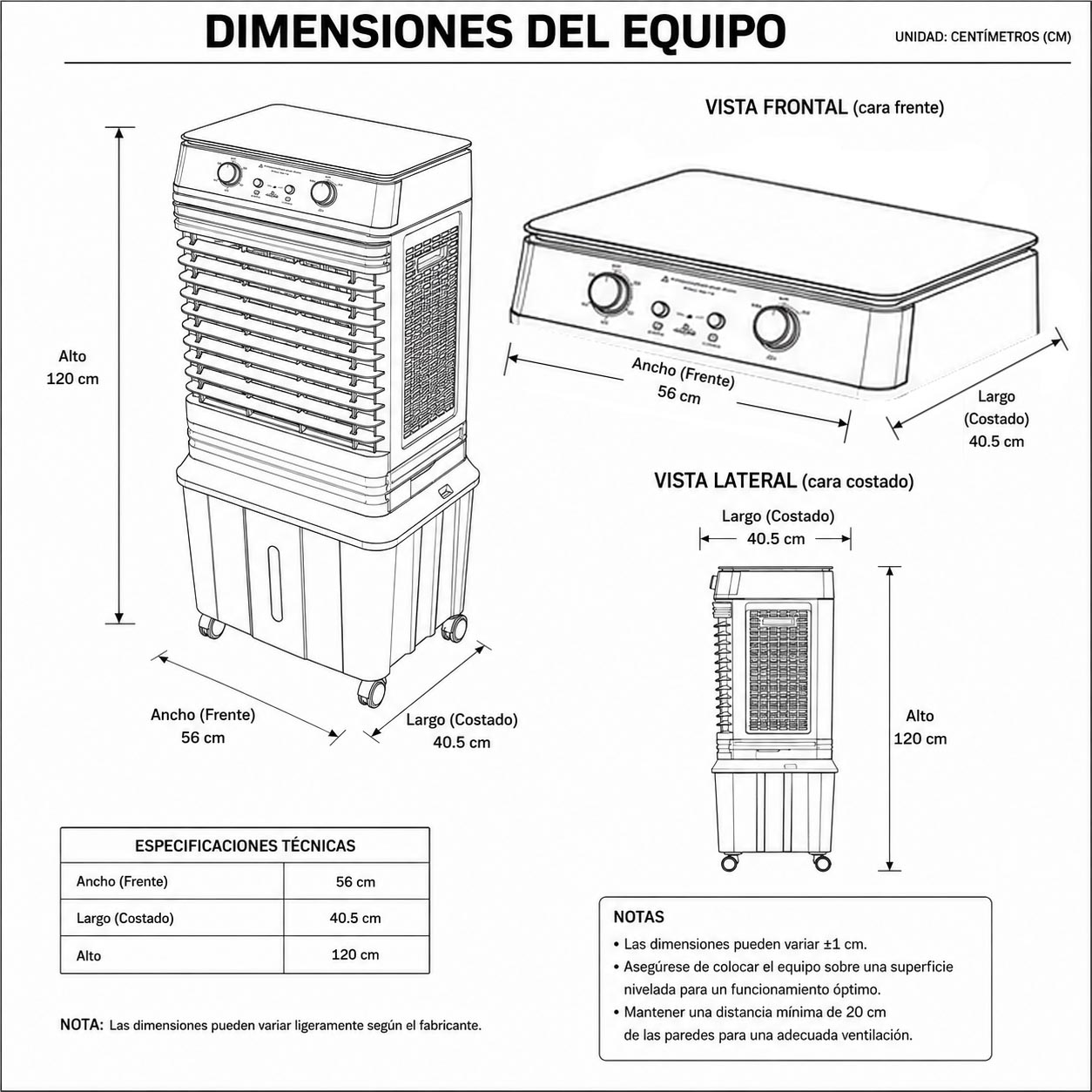 Dimensiones fisicas de Enfriador Evaporativo de 65L