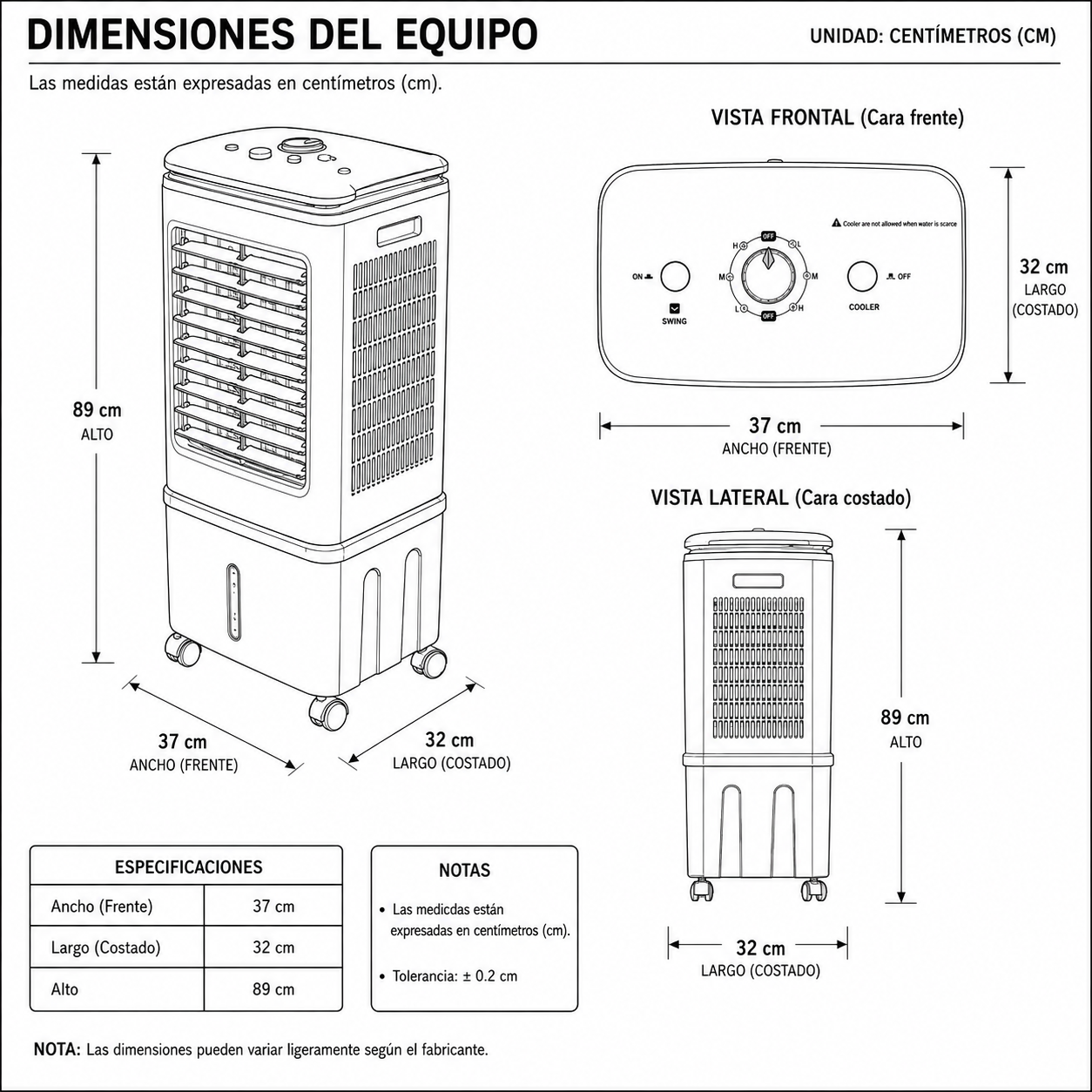 Dimensiones fisicas de Enfriador Evaporativo de 35L