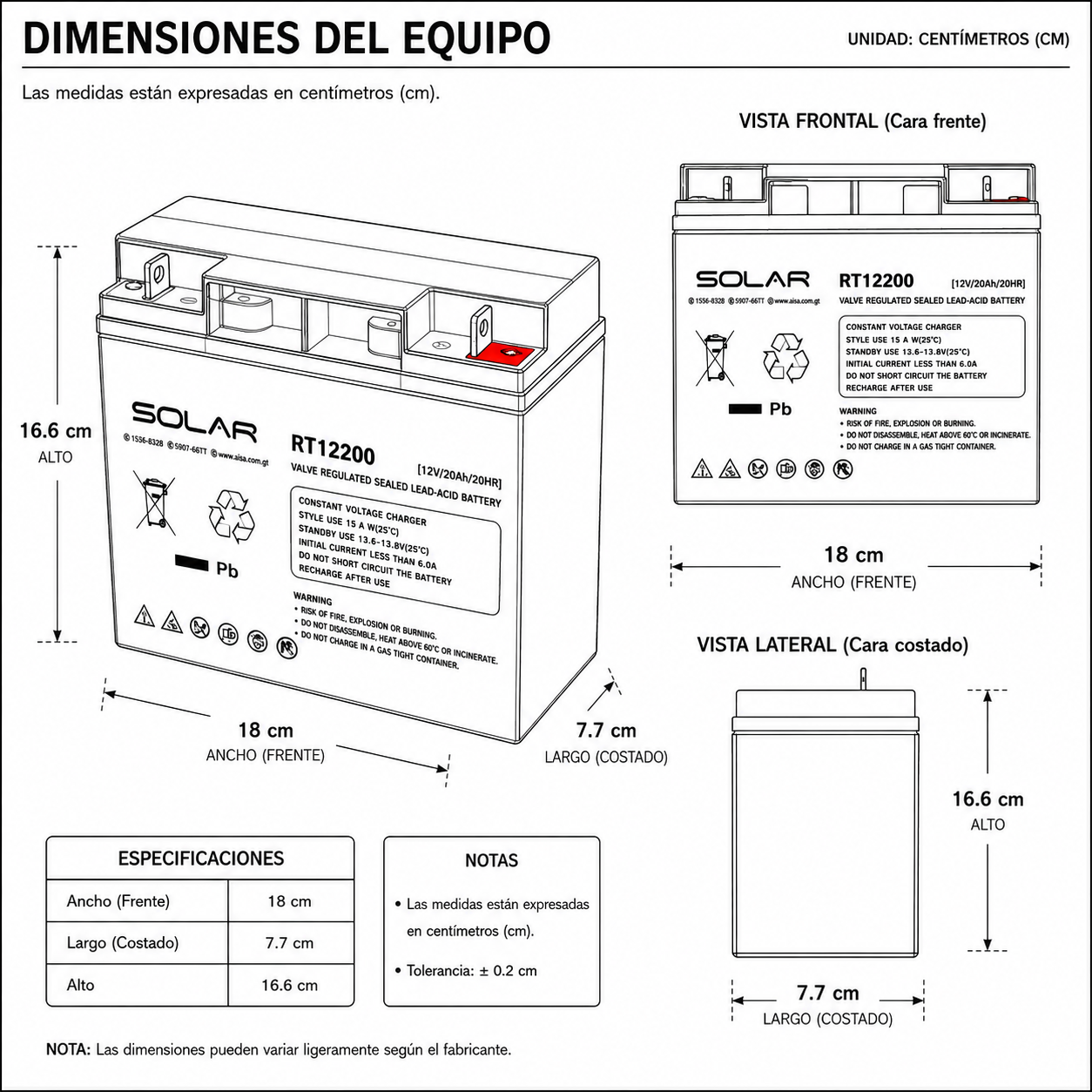 Dimensiones fisicas de Batería de Gel 20Ah / 12V